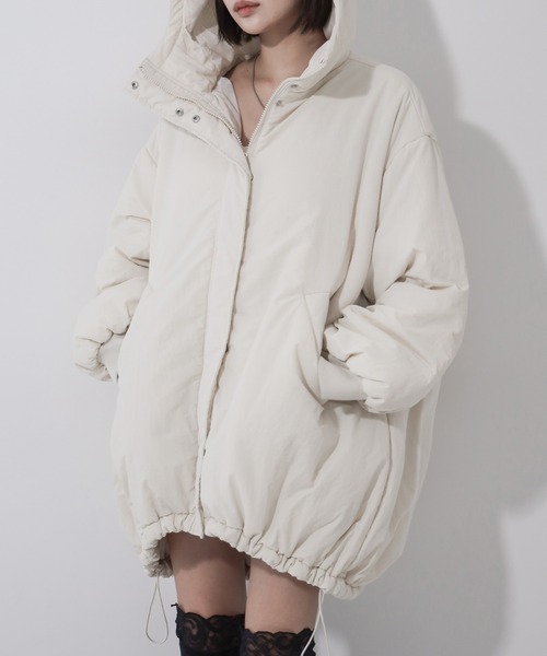 me+em select(ミームセレクト)の「※※【 裾絞り可能2WAY 】フード付きパファーエコダウンモンスターコート / 2WAY Hooded puffer eco down monster coat(ダウンジャケット/コート・レディース・アイボリー/ブラック・FREE)」の4枚目の写真