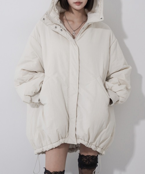 me+em select(ミームセレクト)の「※※【 裾絞り可能2WAY 】フード付きパファーエコダウンモンスターコート / 2WAY Hooded puffer eco down monster coat(ダウンジャケット/コート・レディース・アイボリー/ブラック・FREE)」の5枚目の写真
