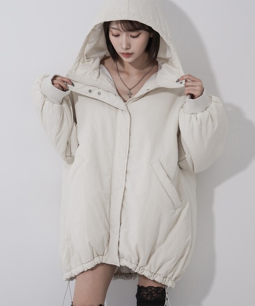 me+em select(ミームセレクト)の「※※【 裾絞り可能2WAY 】フード付きパファーエコダウンモンスターコート / 2WAY Hooded puffer eco down monster coat(ダウンジャケット/コート・レディース・アイボリー/ブラック・FREE)」の8枚目の写真