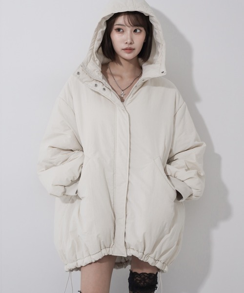 me+em select(ミームセレクト)の「※※【 裾絞り可能2WAY 】フード付きパファーエコダウンモンスターコート / 2WAY Hooded puffer eco down monster coat(ダウンジャケット/コート・レディース・アイボリー/ブラック・FREE)」の9枚目の写真