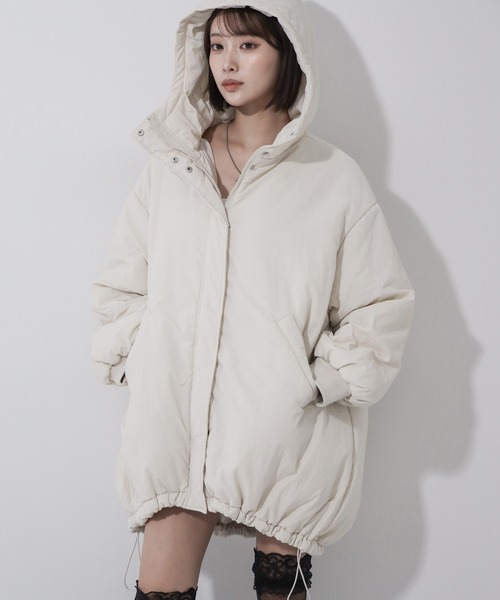 me+em select(ミームセレクト)の「※※【 裾絞り可能2WAY 】フード付きパファーエコダウンモンスターコート / 2WAY Hooded puffer eco down monster coat(ダウンジャケット/コート・レディース・アイボリー/ブラック・FREE)」の10枚目の写真