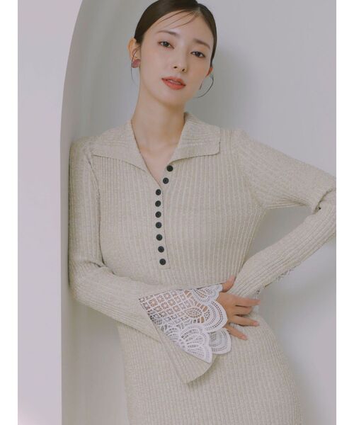 セール】レーススリーブネップリブニットワンピース（ワンピース