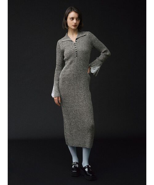 セール】レーススリーブネップリブニットワンピース（ワンピース