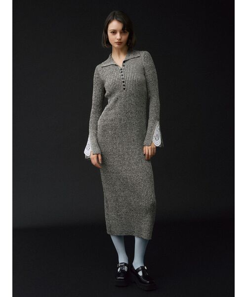 レーススリーブネップリブニットワンピース 秋服（ワンピース
