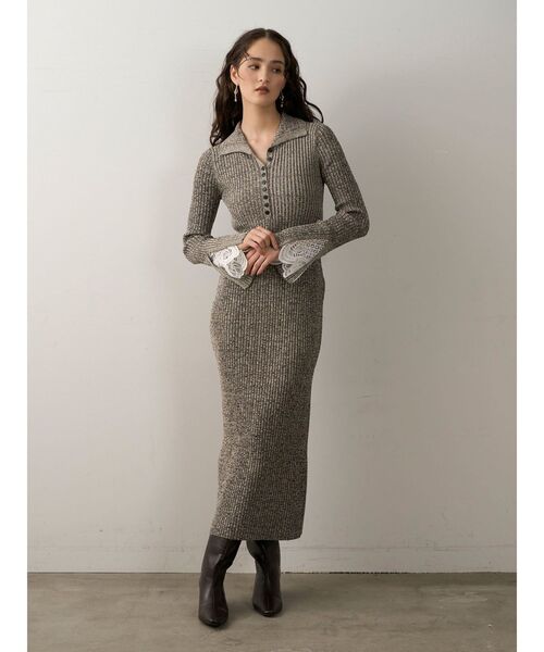 レーススリーブネップリブニットワンピース 秋服（ワンピース