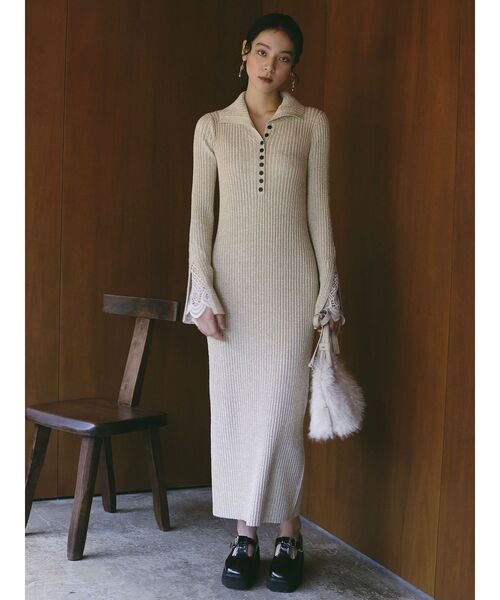 ラグナムーン レーススリーブネップリブニットワンピース レーススリーブネップリブニットワンピース 秋服(ワンピース