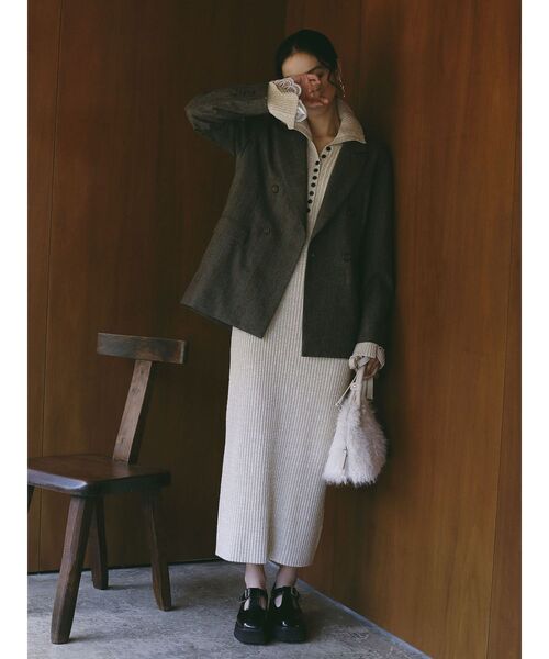 レーススリーブネップリブニットワンピース 秋服（ワンピース