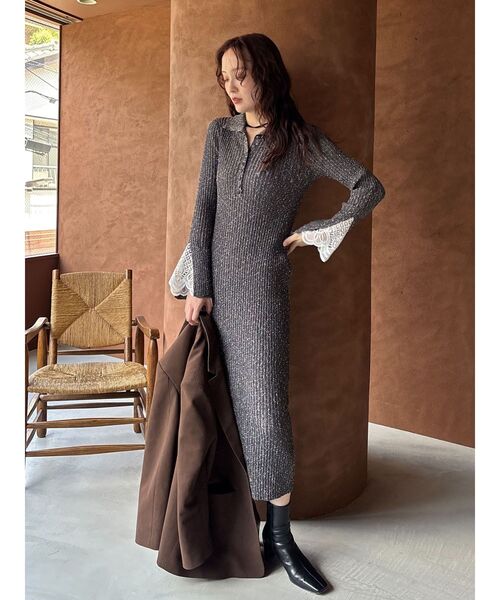 セール】レーススリーブネップリブニットワンピース（ワンピース