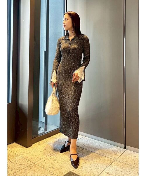 ラグナムーン　レーススリーブネップリブニットワンピース レーススリーブネップリブニットワンピース 秋服（ワンピース