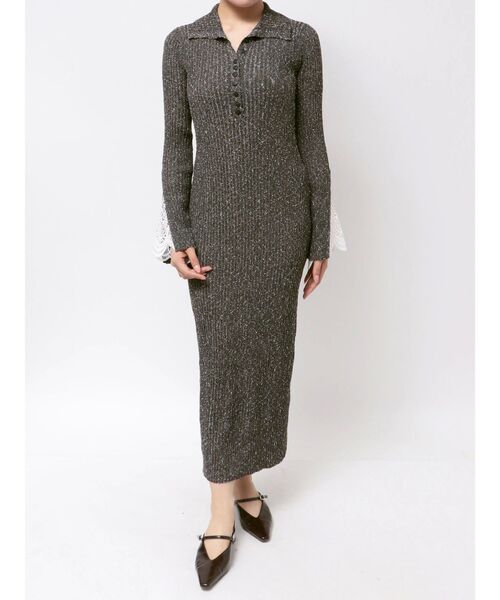 ラグナムーン　レーススリーブネップリブニットワンピース レーススリーブネップリブニットワンピース（ワンピース