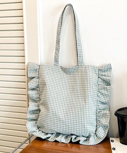 Mignonjour(ミニョンジュール)の「Mignonjour/チェックフリルトートバッグ M2797(トートバッグ・レディース・ブラック/グリーン/レッド/ベージュ・FREE)」の4枚目の写真