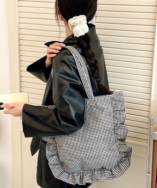 Mignonjour(ミニョンジュール)の「Mignonjour/チェックフリルトートバッグ M2797(トートバッグ・レディース・ブラック/グリーン/レッド/ベージュ・FREE)」の6枚目の写真