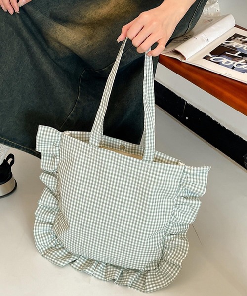 Mignonjour(ミニョンジュール)の「Mignonjour/チェックフリルトートバッグ M2797(トートバッグ・レディース・ブラック/グリーン/レッド/ベージュ・FREE)」の10枚目の写真