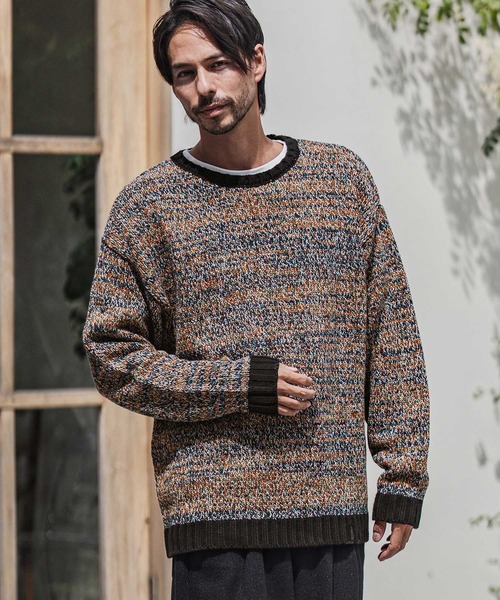 CAMBIO(カンビオ)の「mn3154-Mix Yarn Crew Neck Knit Pullover クルーネックニット(ニット/セーター・メンズ・ネイビー/オレンジ・M/L)」の1枚目の写真