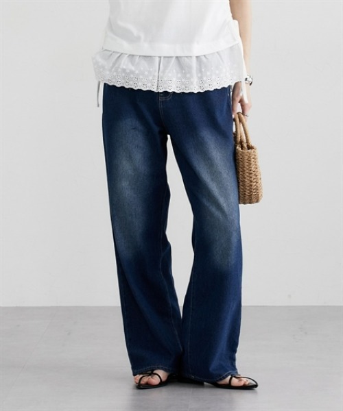 nissen(ニッセン)の「ゆるっと美脚ストレートデニムパンツ(デニムパンツ・レディース・ブラック/インディゴブルー/ケミカルウォッシュ・M/L)」の5枚目の写真