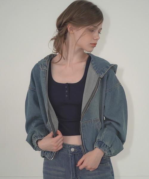 Mirette（ミレット）の「ヴィンテージライクデニムフーディー / Vintage Washed Denim Hoodie（パーカー・レディース・ブルー/ブラック・FREE）」の15枚目の写真