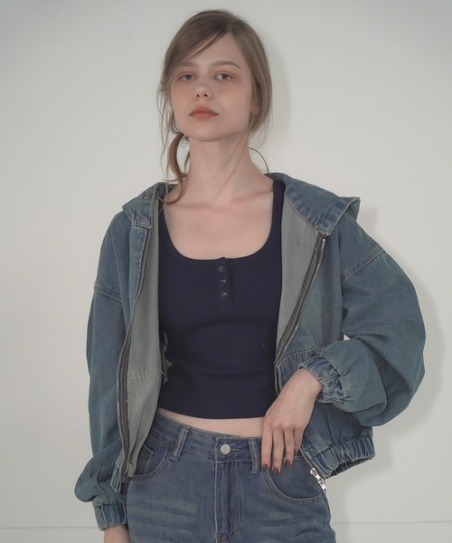 Mirette（ミレット）の「ヴィンテージライクデニムフーディー / Vintage Washed Denim Hoodie（パーカー・レディース・ブルー/ブラック・FREE）」の16枚目の写真