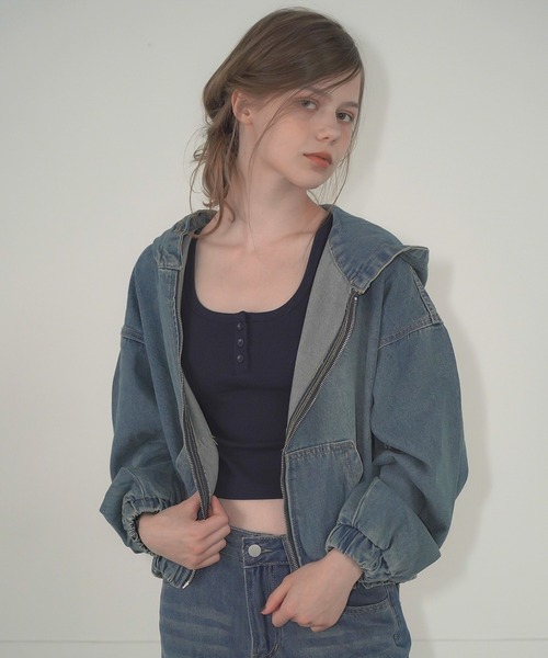 Mirette（ミレット）の「ヴィンテージライクデニムフーディー / Vintage Washed Denim Hoodie（パーカー・レディース・ブルー/ブラック・FREE）」の19枚目の写真