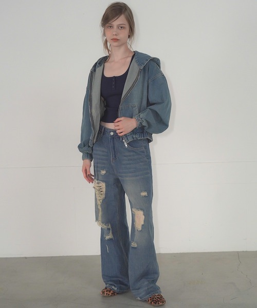 Mirette（ミレット）の「ヴィンテージライクデニムフーディー / Vintage Washed Denim Hoodie（パーカー・レディース・ブルー/ブラック・FREE）」の20枚目の写真