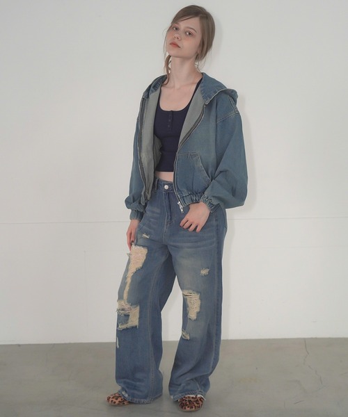 Mirette（ミレット）の「ヴィンテージライクデニムフーディー / Vintage Washed Denim Hoodie（パーカー・レディース・ブルー/ブラック・FREE）」の21枚目の写真