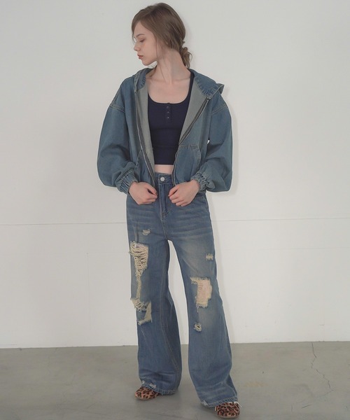 Mirette（ミレット）の「ヴィンテージライクデニムフーディー / Vintage Washed Denim Hoodie（パーカー・レディース・ブルー/ブラック・FREE）」の22枚目の写真
