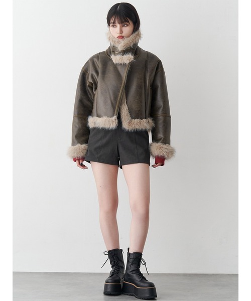 アンイーブンショートフェイクムートンジャケット（ムートンコート