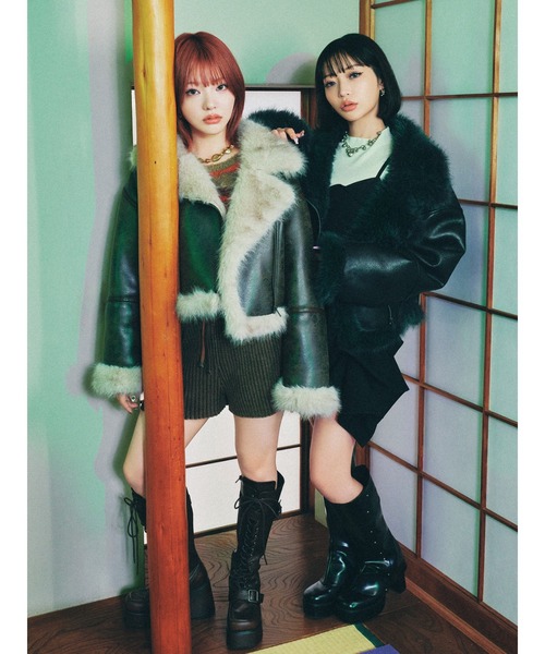 MURUA（ムルーア）の「アンイーブンショートフェイクムートンジャケット（ムートンコート・レディース・ブラック/アイボリー/キャメル/カーキ/ブラウン・FREE）」の9枚目の写真