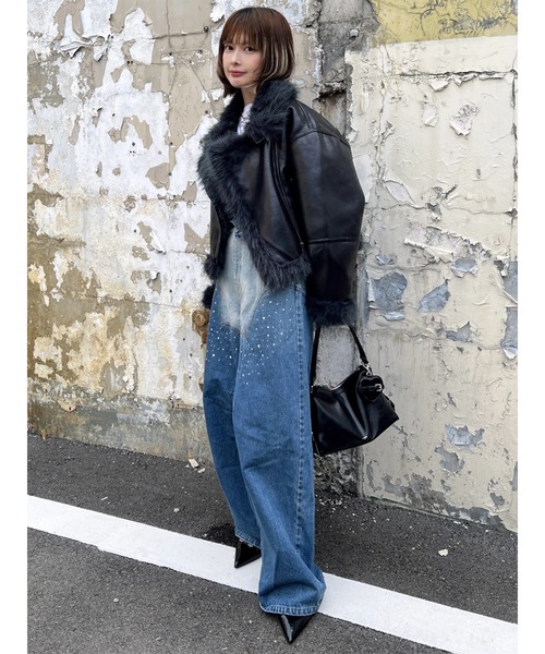 MURUA（ムルーア）の「アンイーブンショートフェイクムートンジャケット（ムートンコート・レディース・ブラック/アイボリー/キャメル/カーキ/ブラウン・FREE）」の13枚目の写真