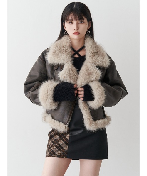 MURUA アンイーブンショートフェイクムートンジャケット ブラック アンイーブンショートフェイクムートンジャケット（ムートンコート