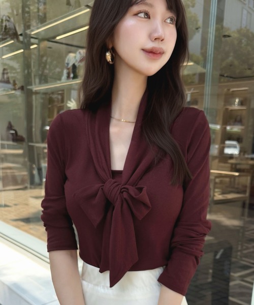 CHARME BY MICOLA(シャルムバイミコラ)の「今年っぽい♪リボンネクタイトップス(Tシャツ/カットソー・レディース・ブラック/バーガンディー/ホワイト・FREE)」の3枚目の写真
