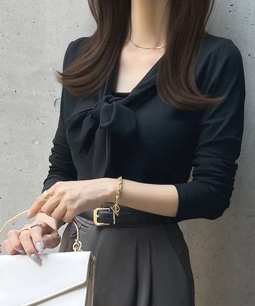 CHARME BY MICOLA(シャルムバイミコラ)の「今年っぽい♪リボンネクタイトップス(Tシャツ/カットソー・レディース・ブラック/バーガンディー/ホワイト・FREE)」の22枚目の写真