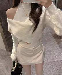 【WEB限定】アシンメトリーアンサンブルニットトップス［韓国ファッション カジュアル 大人かわいい］≪再入荷≫