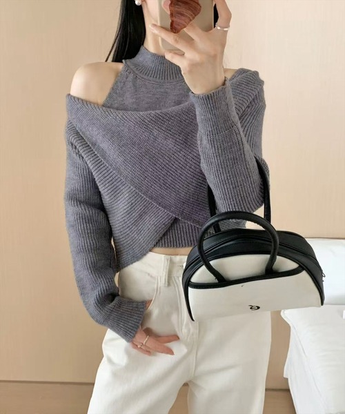 STAY MOTION（ステイモーション）の「【WEB限定】アシンメトリーアンサンブルニットトップス［韓国ファッション カジュアル］≪AW新作≫（ニット/セーター・レディース・グレー/ブラック/アイボリー・F）」の4枚目の写真