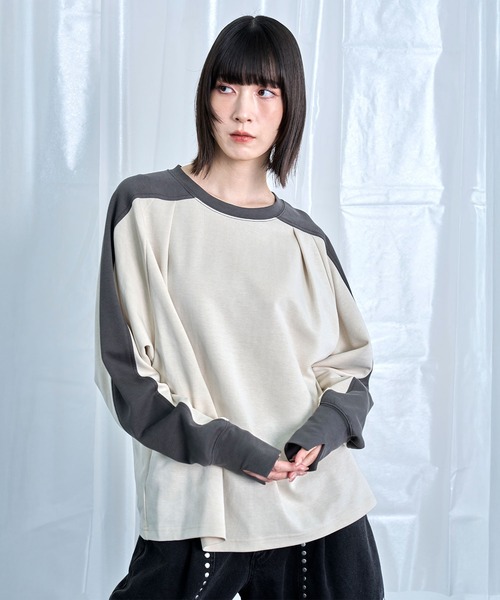 Nora Lily(ノラリリー)の「【Nora Lily】Switching Bi-Color Tuck Raglan Tee(Tシャツ/カットソー・メンズ・ブラック/アイボリー/グレー・FREE)」の2枚目の写真