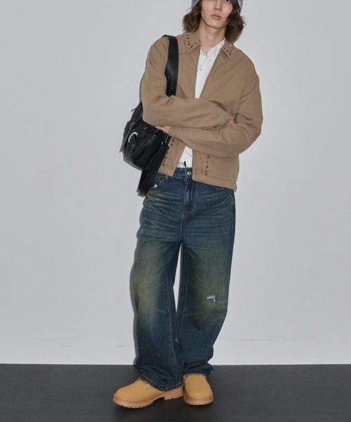 セール】【ユニセックス】スタッズ付きダブルファスナージャケット