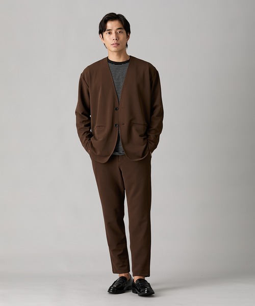 ⭐︎専用⭐︎Lacoste ノーカラー ブラウンジャケット メンズスーツ】セットアップ可能 ふくれ織風カットソーノーカラー