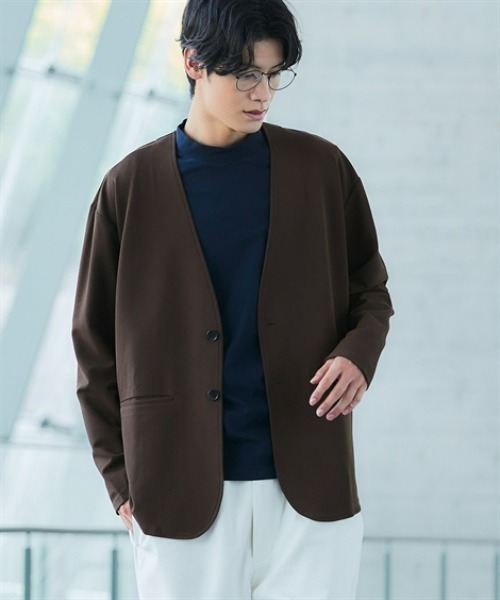 ブラウン ノーカラージャケット サイズ0 洗える>ふくれ織風カットソーノーカラージャケット (M～10Lサイズ