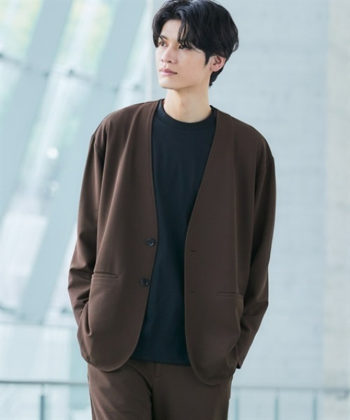 洗濯機OK！ふくれ織風カットソーノーカラージャケット (M～10Lサイズ