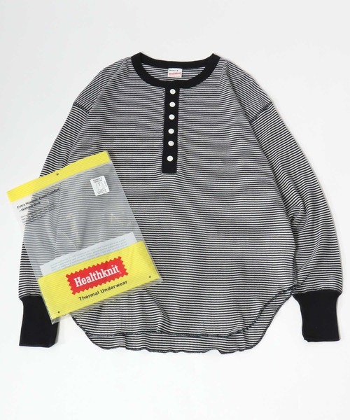 Healthknit(ヘルスニット)の「Healthknit(ヘルスニット)ベーシック ワッフル ヘンリーネック ラウンドヘムロングスリーブTシャツ(1P)/無地・ボーダーリンガー/ロンT/長袖トップス(Tシャツ/カットソー・レディース・ブラック系その他/オフホワイト/カーキブラウン/ブラック・M)」の3枚目の写真