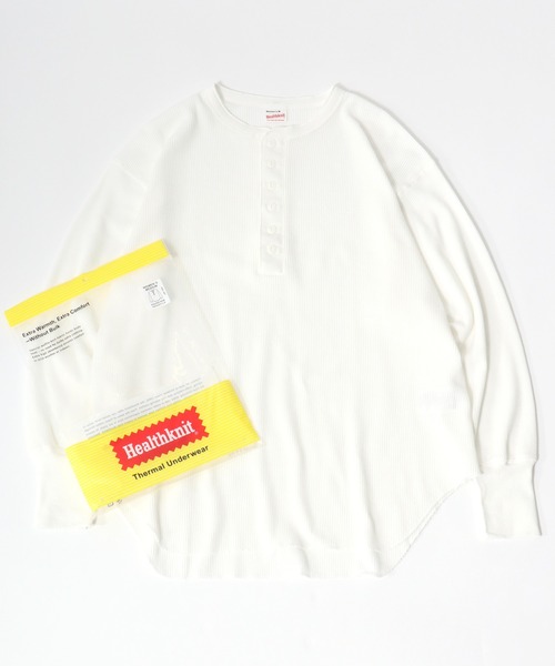 Healthknit(ヘルスニット)の「Healthknit(ヘルスニット)ベーシック ワッフル ヘンリーネック ラウンドヘムロングスリーブTシャツ(1P)/無地・ボーダーリンガー/ロンT/長袖トップス(Tシャツ/カットソー・レディース・ブラック系その他/オフホワイト/カーキブラウン/ブラック・M)」の1枚目の写真