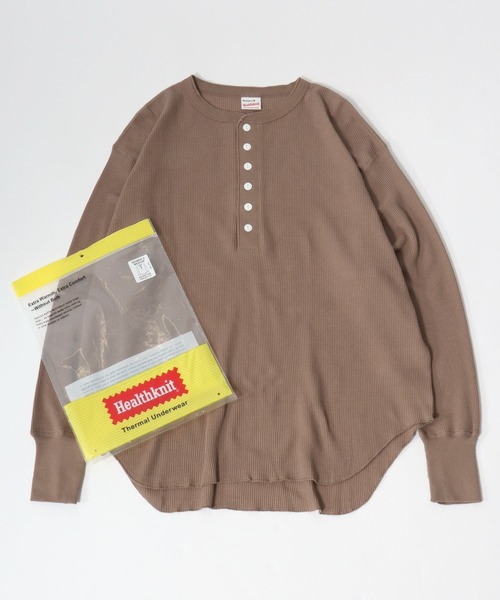Healthknit(ヘルスニット)の「Healthknit(ヘルスニット)ベーシック ワッフル ヘンリーネック ラウンドヘムロングスリーブTシャツ(1P)/無地・ボーダーリンガー/ロンT/長袖トップス(Tシャツ/カットソー・レディース・ブラック系その他/オフホワイト/カーキブラウン/ブラック・M)」の4枚目の写真