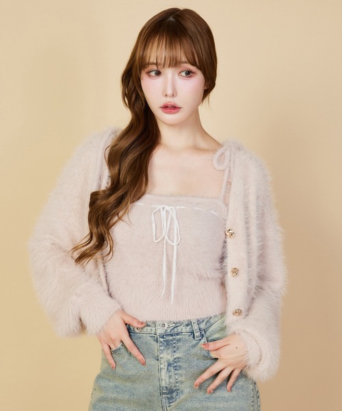 one after another NICE CLAUP（ワンアフターアナザーナイスクラップ）の「【今すぐお届け可能!/セットで着れる】milkyフェザーニットショートカーデ（カーディガン/ボレロ・レディース・ピンク/ダークブラウン/オフホワイト/グレー/サックスブルー・FREE）」の5枚目の写真