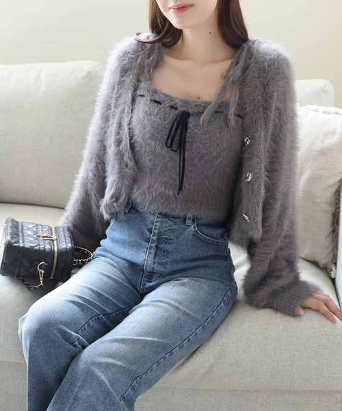 one after another NICE CLAUP（ワンアフターアナザーナイスクラップ）の「【今すぐお届け可能!/セットで着れる】milkyフェザーニットショートカーデ（カーディガン/ボレロ・レディース・ピンク/ダークブラウン/オフホワイト/グレー/サックスブルー・FREE）」の14枚目の写真