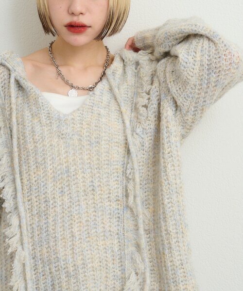 セール】フード付フリンジMIXニット（ニット/セーター）｜w closet