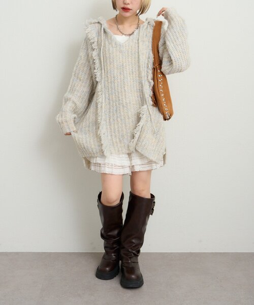 フード付フリンジMIXニット（ニット/セーター）｜w closet（ダブル