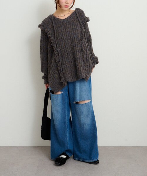 w closet（ダブルクローゼット）の「フード付フリンジMIXニット（ニット/セーター・レディース・アイボリー/チャコールグレー/ブルー/グリーン・FREE）」の17枚目の写真