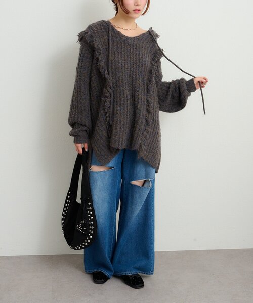 w closet（ダブルクローゼット）の「フード付フリンジMIXニット（ニット/セーター・レディース・アイボリー/チャコールグレー/ブルー/グリーン・FREE）」の20枚目の写真