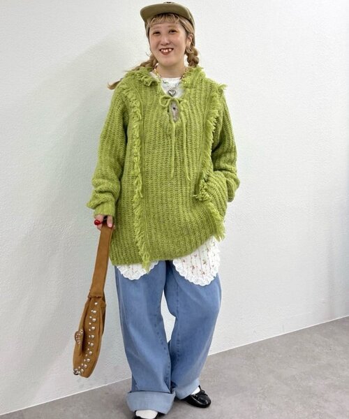 w closet（ダブルクローゼット）の「フード付フリンジMIXニット（ニット/セーター・レディース・アイボリー/チャコールグレー/ブルー/グリーン・FREE）」の21枚目の写真