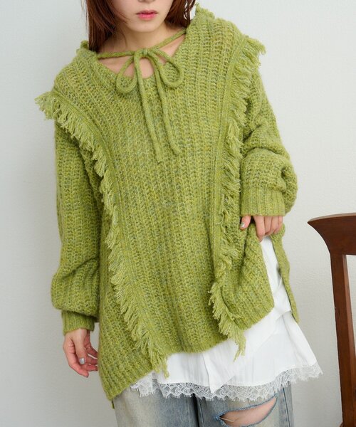 w closet（ダブルクローゼット）の「フード付フリンジMIXニット（ニット/セーター・レディース・アイボリー/チャコールグレー/ブルー/グリーン・FREE）」の22枚目の写真