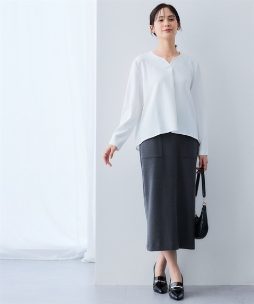 7days Life Styling(セブンデイズライフスタイリング)の「【UVカット】キーネックラウンドヘムプルオーバー ジャージーシリーズ(Tシャツ/カットソー・レディース・オフホワイト/グレー/ブラック・M/L/LL/3L)」の4枚目の写真